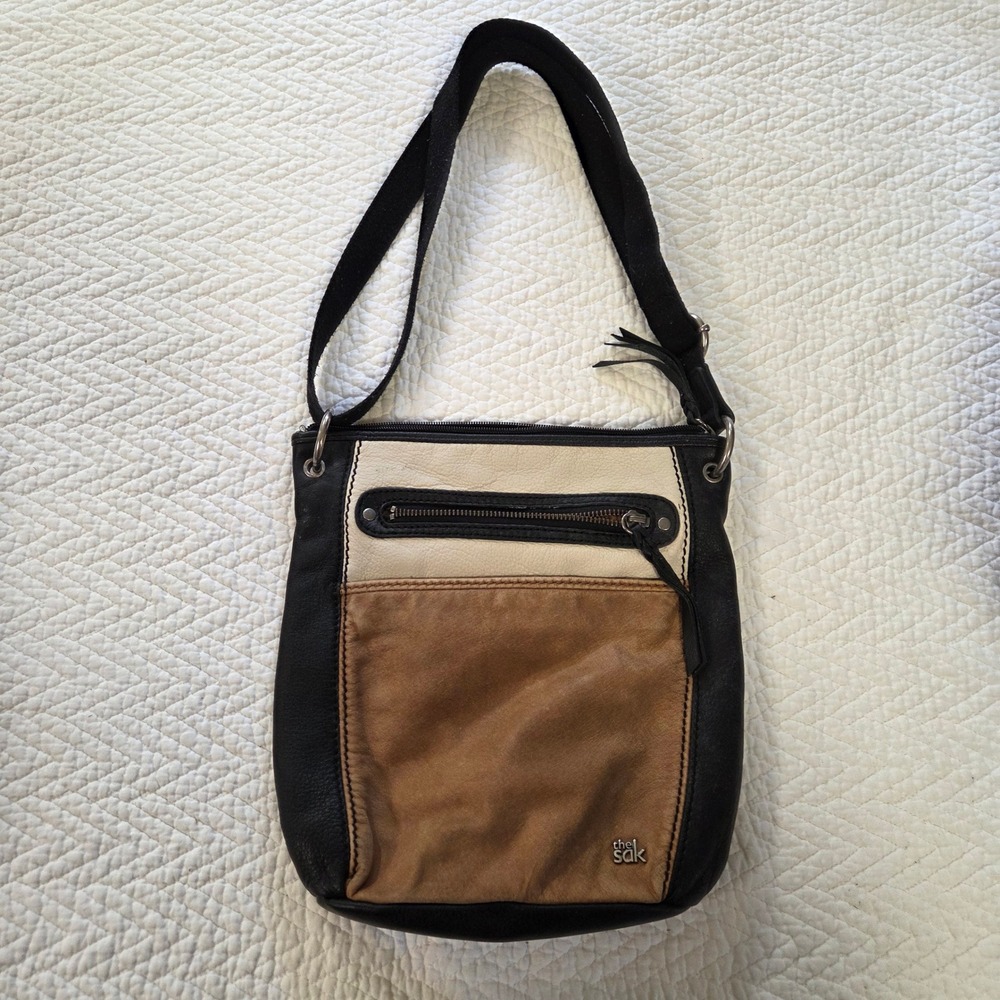 The Sak Leather Crossbody Bag Colorblock Black Tan Cream Boho Small Purse